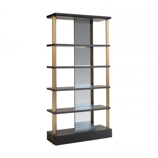 Raft cu oglinda din Furnir de stejar Negru si Metal Auriu L112xH218cm Rigley