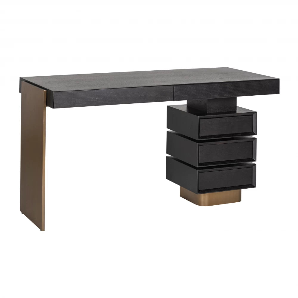 Birou cu 5 sertare din Furnir de stejar Negru si Metal Auriu L140xH76cm Connar