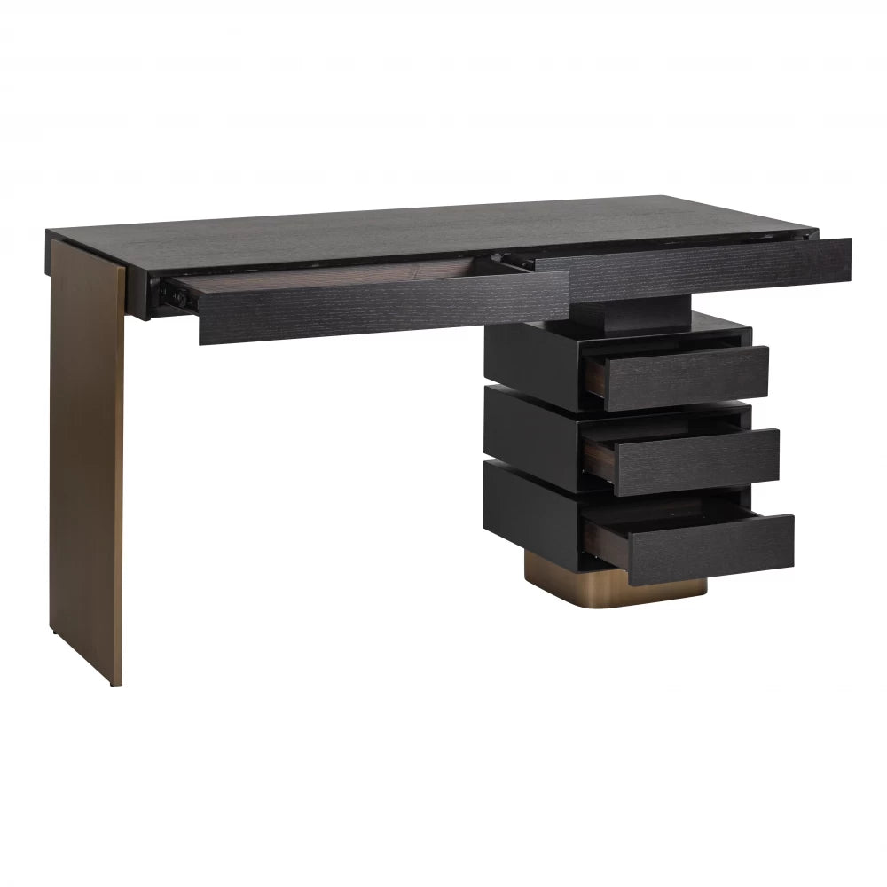 Birou cu 5 sertare din Furnir de stejar Negru si Metal Auriu L140xH76cm Connar