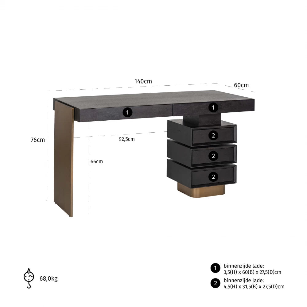 Birou cu 5 sertare din Furnir de stejar Negru si Metal Auriu L140xH76cm Connar