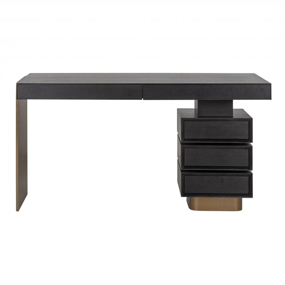 Birou cu 5 sertare din Furnir de stejar Negru si Metal Auriu L140xH76cm Connar