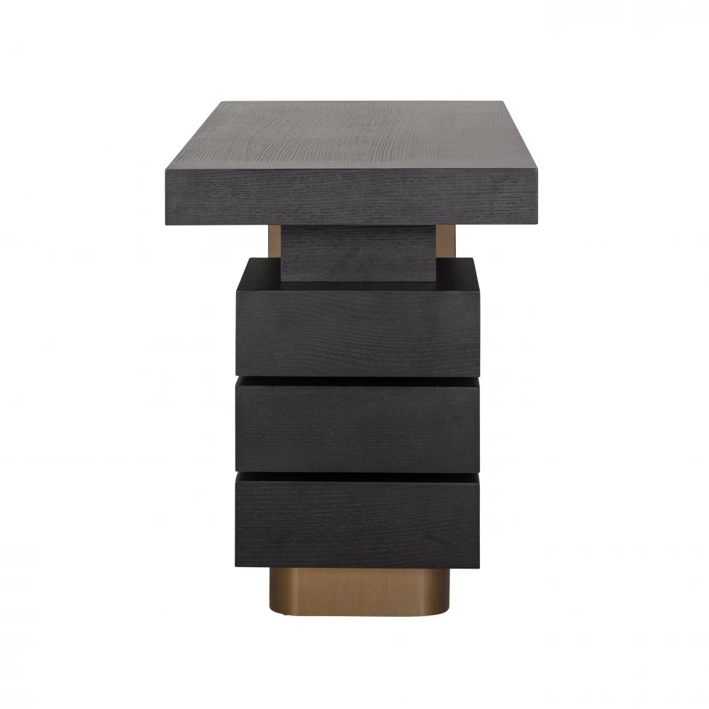 Birou cu 5 sertare din Furnir de stejar Negru si Metal Auriu L140xH76cm Connar