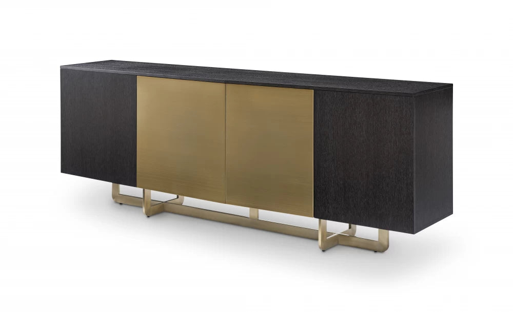 Comoda cu 4 usi din Furnir de stejar Negru si Metal Auriu L220xH80cm Dax