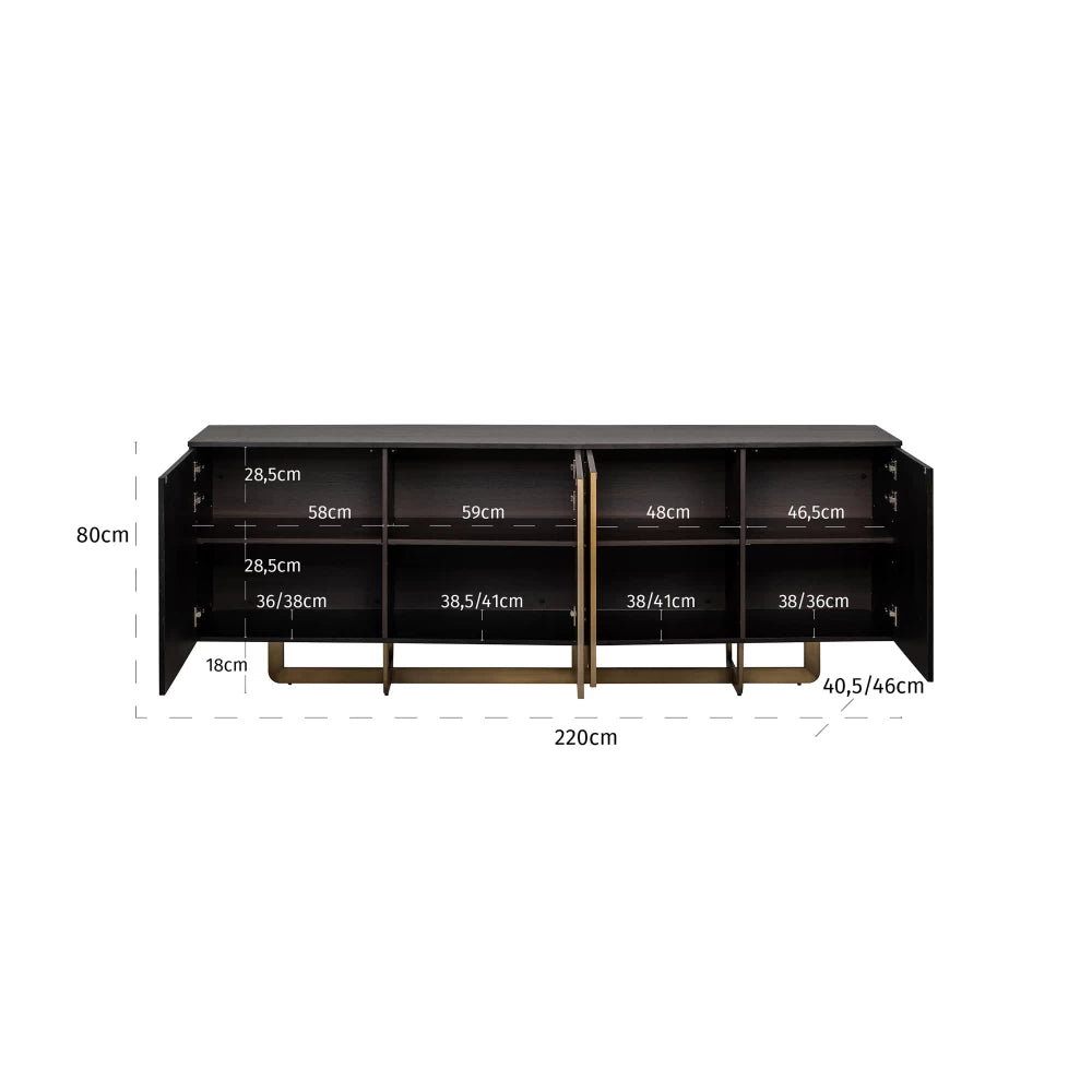 Comoda cu 4 usi din Furnir de stejar Negru si Metal Auriu L220xH80cm Dax