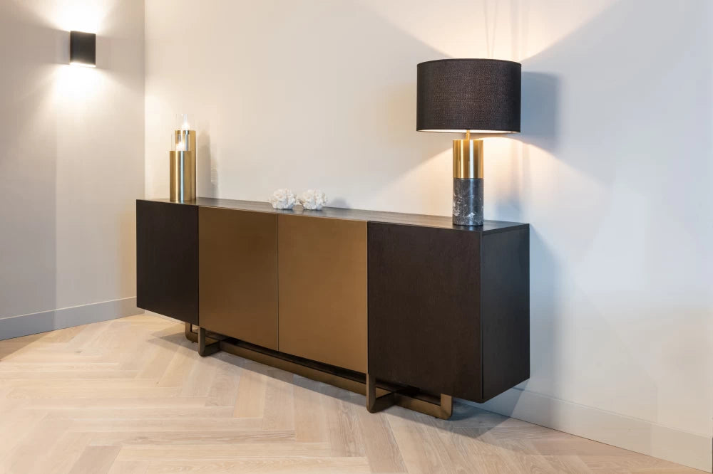 Comoda cu 4 usi din Furnir de stejar Negru si Metal Auriu L220xH80cm Dax