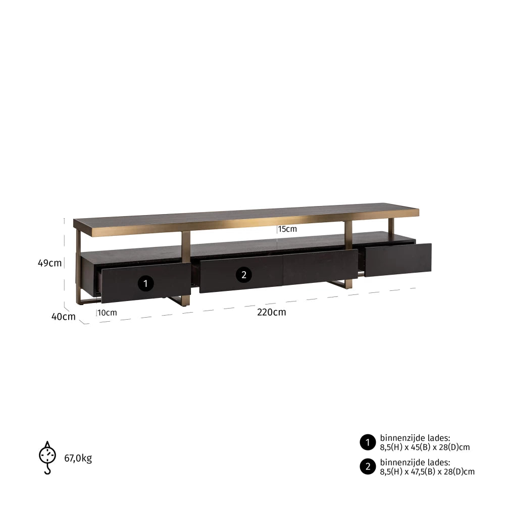 Comoda TV din Furnir de stejar Negru si Metal Auriu L220xH49cm Diddley