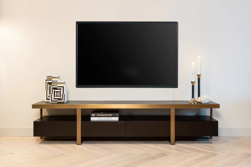 Comoda TV din Furnir de stejar Negru si Metal Auriu L220xH49cm Diddley