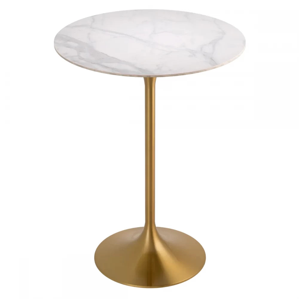 Masa de bar Rotunda din Ceramica Alb cu efect de marmura si Metal Alama D79xH106.5cm Tazio Eichholtz