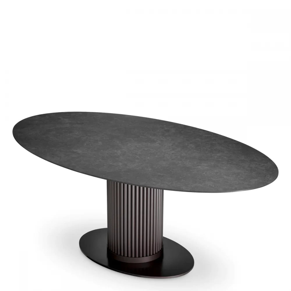 Masa Ovala din Ceramica Negru cu efect de marmura si Metal Bronz L200xH78.5cm Volterra Eichholtz