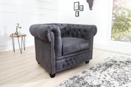 Fotoliu tapitat cu Microfibra Gri cu picioare din Lemn masiv Negru H70xL105xA85cm Chesterfield