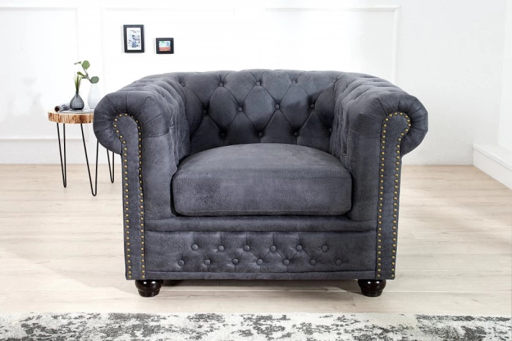 Fotoliu tapitat cu Microfibra Gri cu picioare din Lemn masiv Negru H70xL105xA85cm Chesterfield