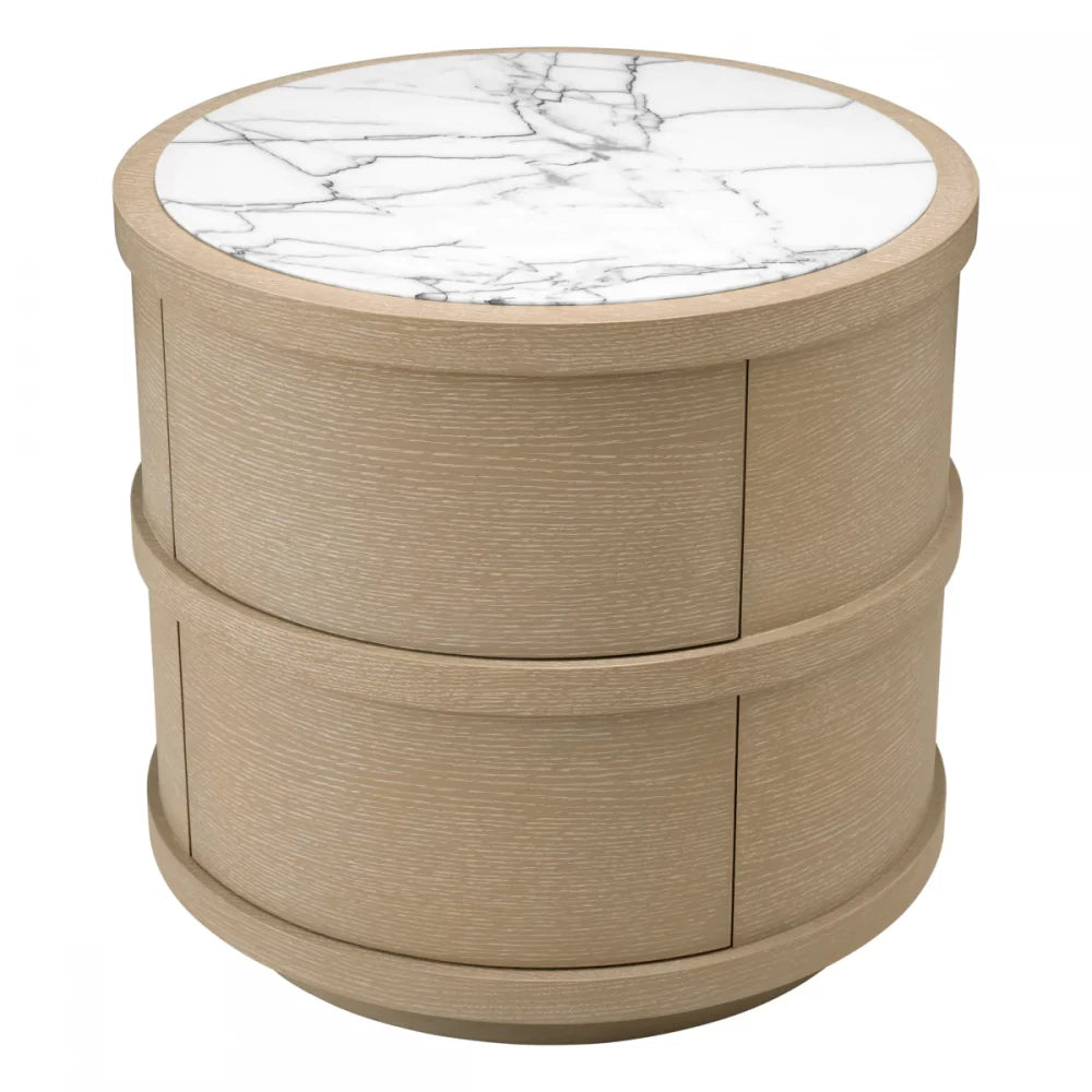 Noptiera rotunda din Furnir de stejar Maro deschis si Marmura Alb D60.5xH56cm Cabana Eichholtz