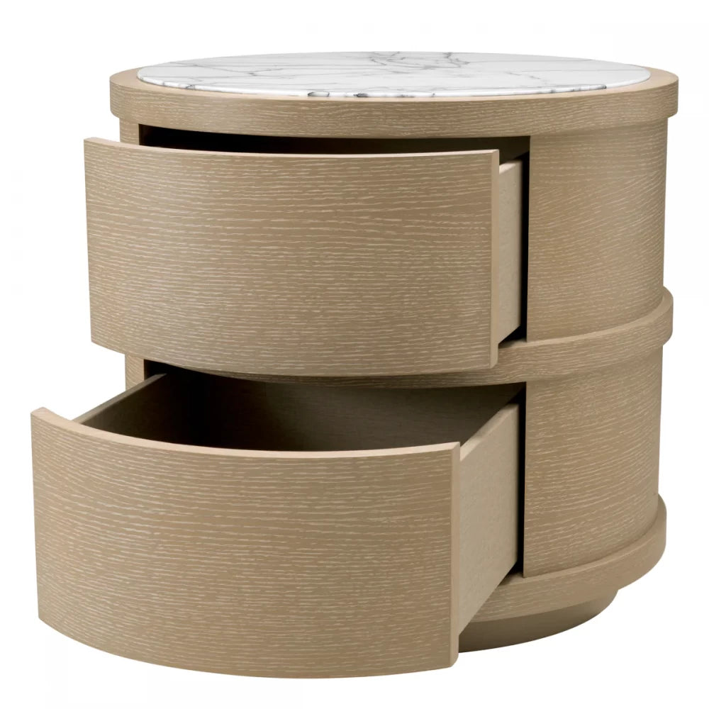 Noptiera rotunda din Furnir de stejar Maro deschis si Marmura Alb D60.5xH56cm Cabana Eichholtz