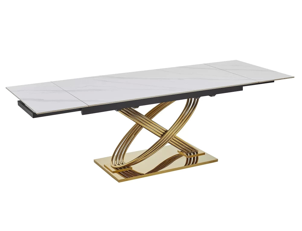 Masa extensibila cu blat din Ceramica cu efect de marmura Alb cu baza din Otel inoxidabil Auriu L160-240x75cm Hermes