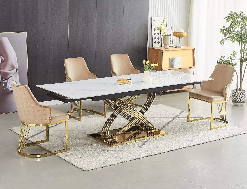 Masa extensibila cu blat din Ceramica cu efect de marmura Alb cu baza din Otel inoxidabil Auriu L160-240x75cm Hermes