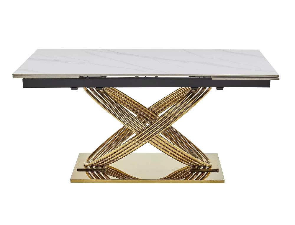 Masa extensibila cu blat din Ceramica cu efect de marmura Alb cu baza din Otel inoxidabil Auriu L160-240x75cm Hermes