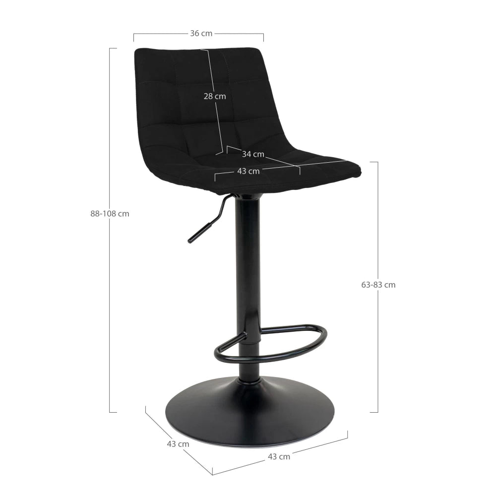Set 2 scaune de bar din Metal Negru si Catifea Negru H88-108xL45xA43cm Middelfart