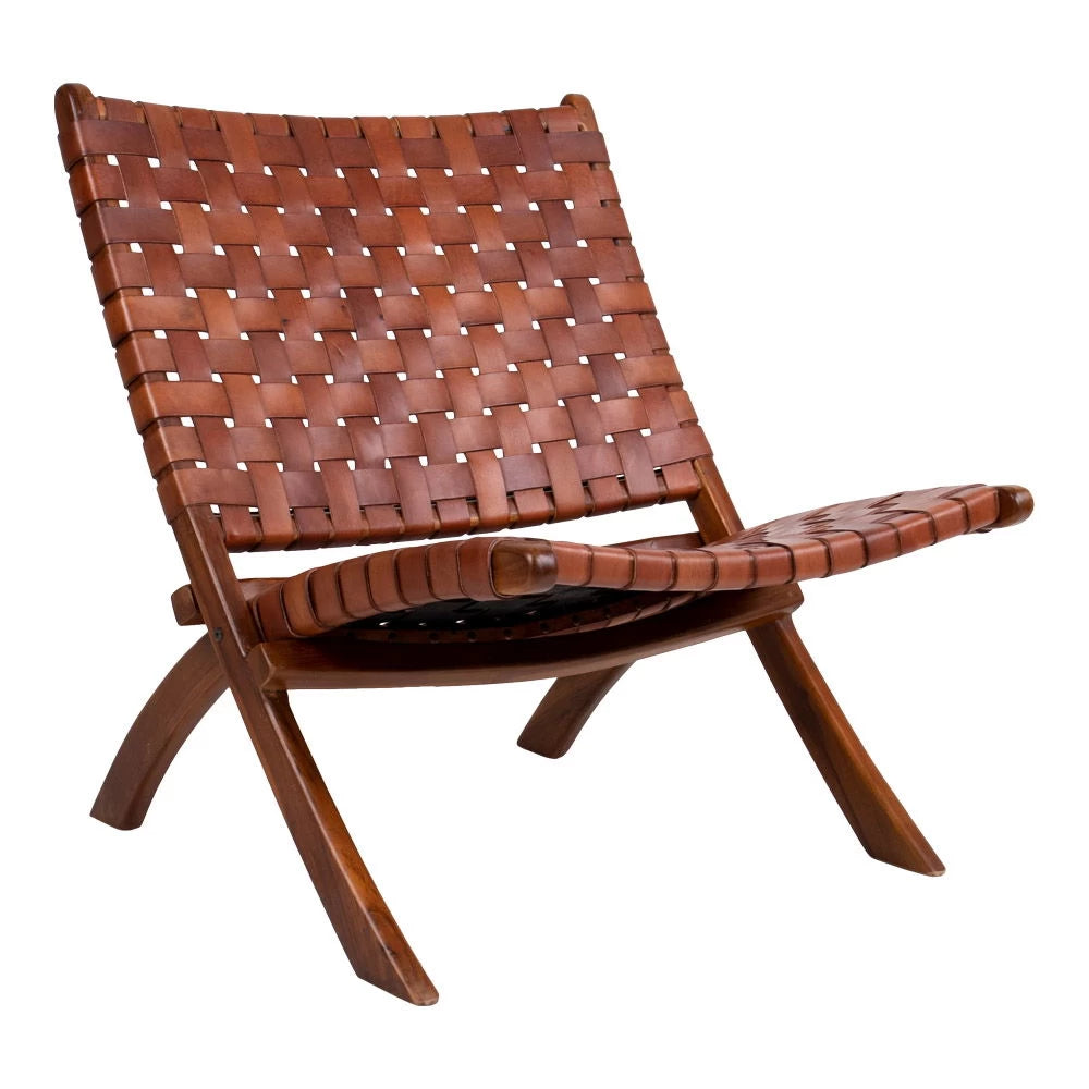 Fotoliu din Lemn de tec Maro si Piele Maro H73xL66xA74cm Perugia Folding