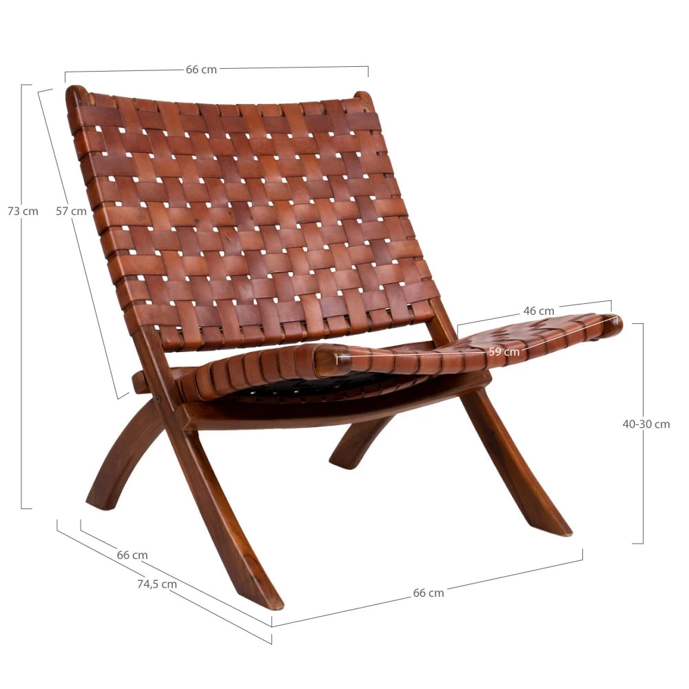 Fotoliu din Lemn de tec Maro si Piele Maro H73xL66xA74cm Perugia Folding