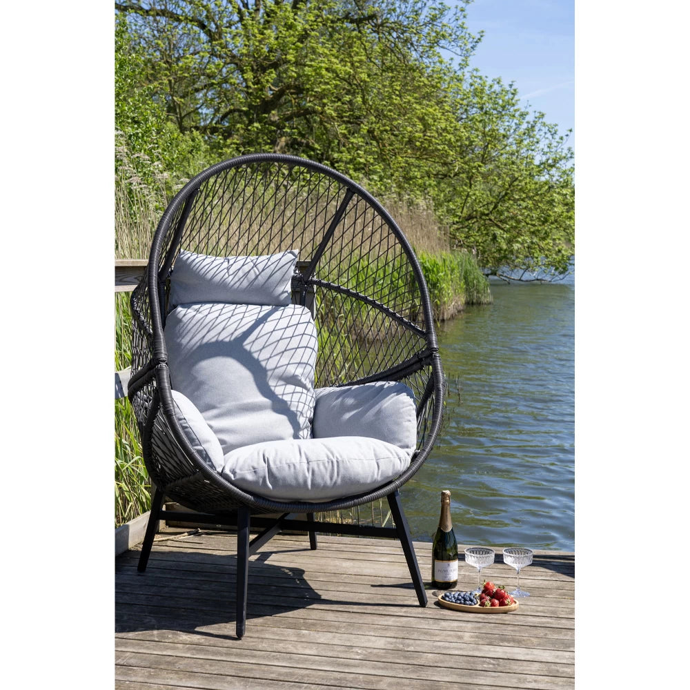 Fotoliu de exterior cu perna din Metal/Ratan Negru si Stofa Gri H103xL74cm Rosario