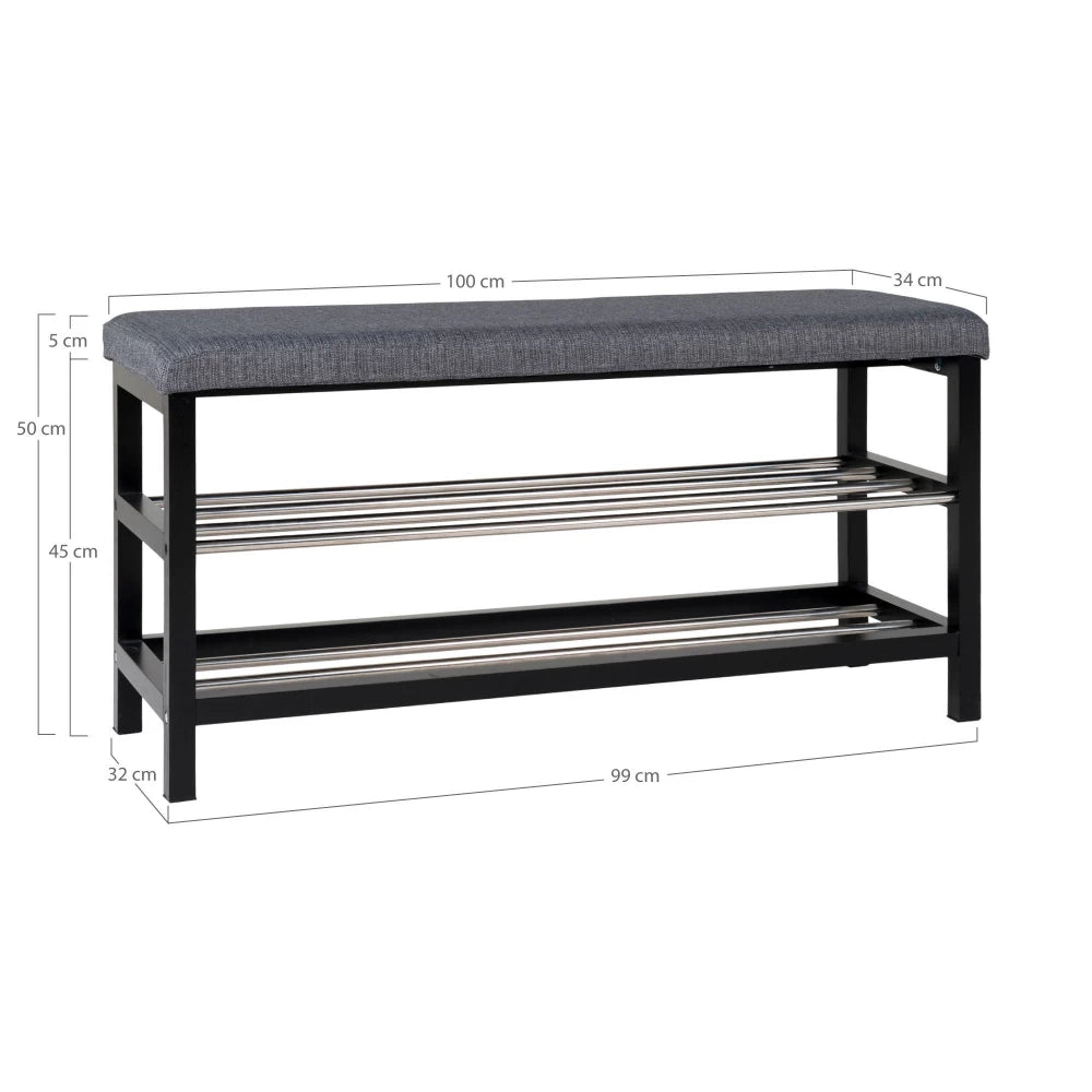 Bancheta din Lemn/Metal Negru/Argintiu si Stofa Maro H50xL100cm Padova