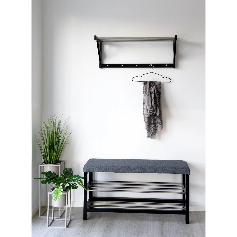 Bancheta din Lemn/Metal Negru/Argintiu si Stofa Maro H50xL100cm Padova
