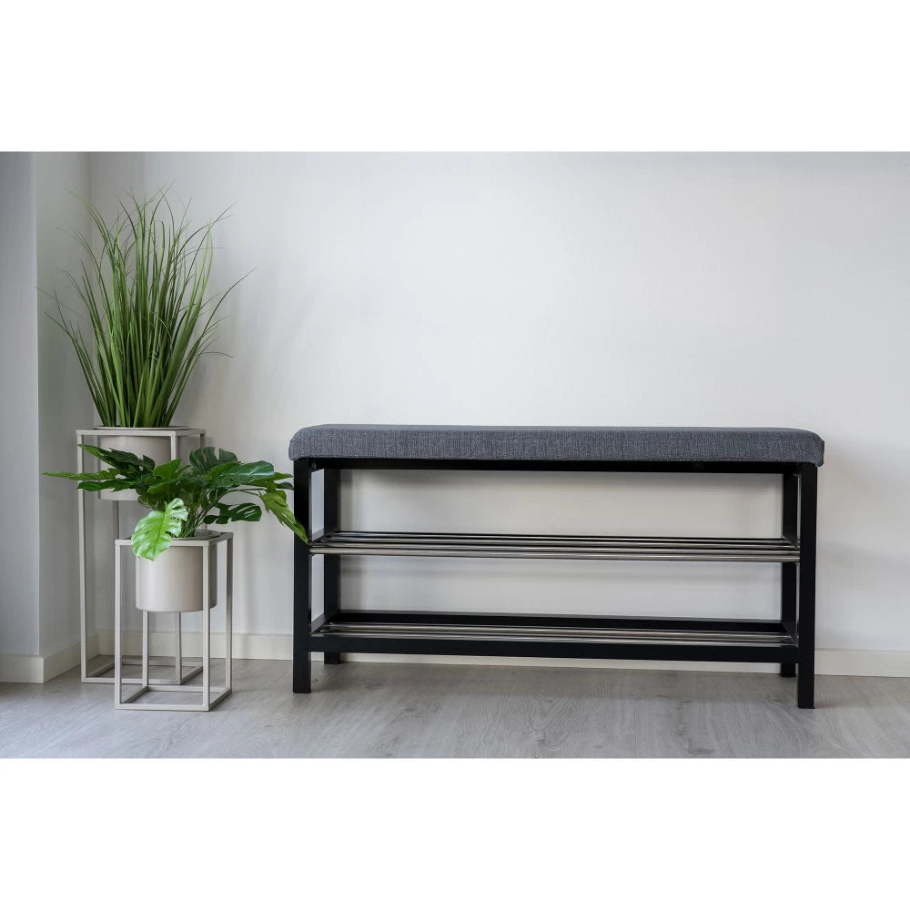Bancheta din Lemn/Metal Negru/Argintiu si Stofa Maro H50xL100cm Padova