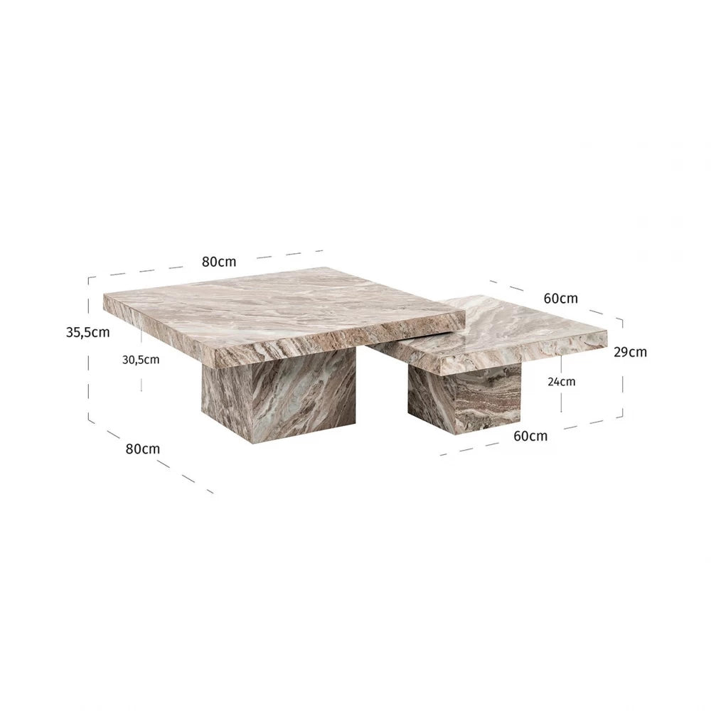 Set 2 masute de cafea din Marmura Multicolor H29/35.5xL60/80cm Rashford