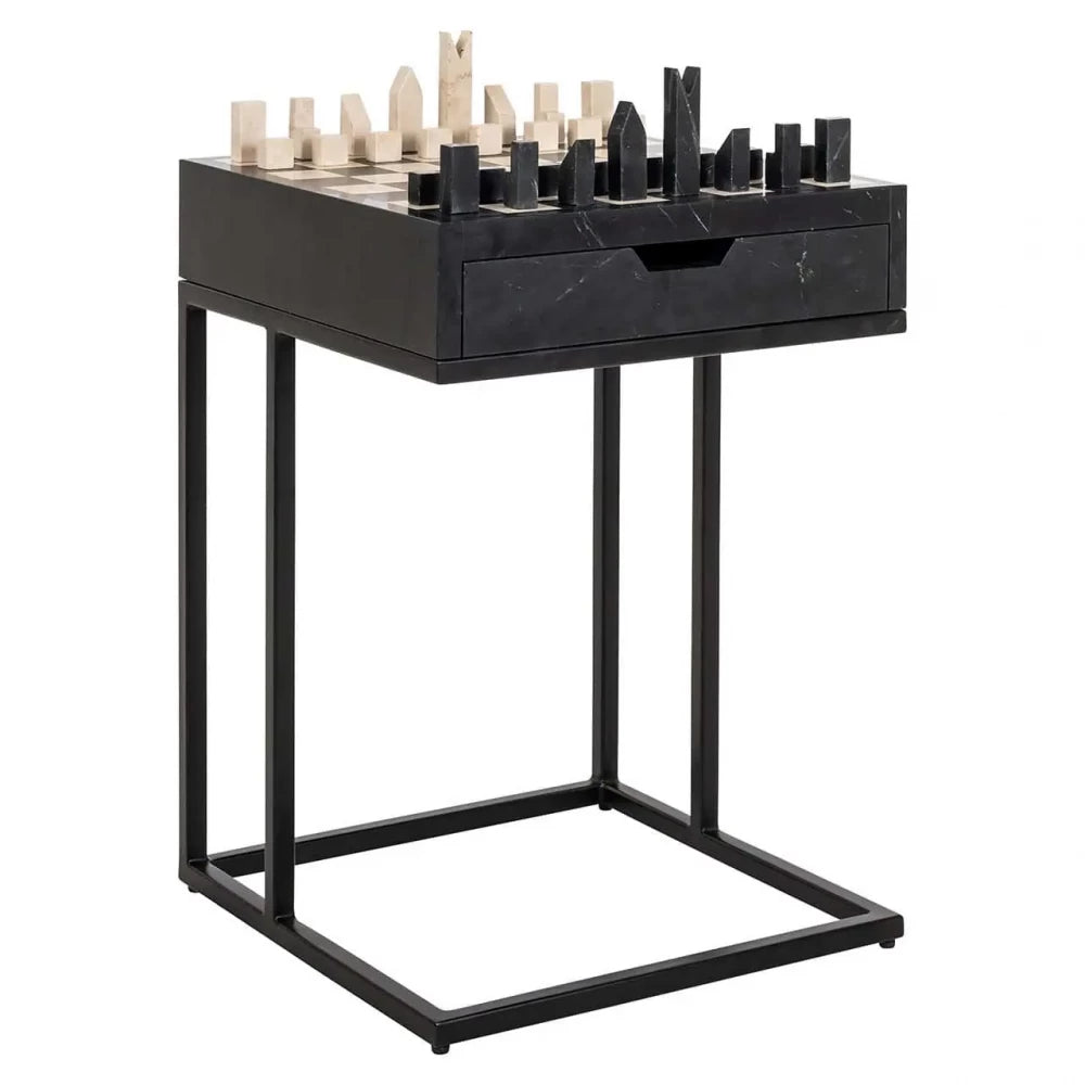 Masuta de sah  din Metal Negru si Marmura/MDF Bej/Negru H62xL44cm Davos