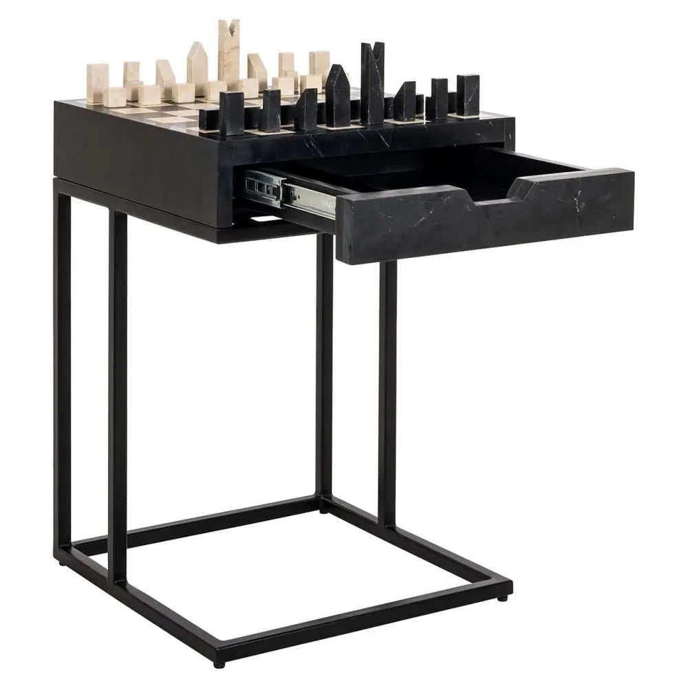 Masuta de sah  din Metal Negru si Marmura/MDF Bej/Negru H62xL44cm Davos