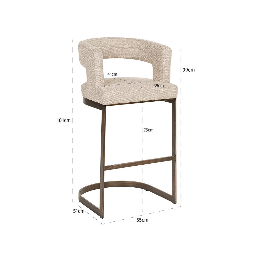 Scaun de bar tapitat cu Stofa Bej si picioare din Metal Alama H101xL55xA51cm Ellis