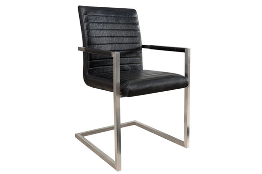 Set 2 scaune cu brate tapitat cu Piele artificiala Negru si picioare din Otel inoxidabil Argintiu H91xL54xA55cm Loft