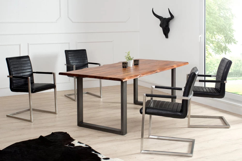 Set 2 scaune cu brate tapitat cu Piele artificiala Negru si picioare din Otel inoxidabil Argintiu H91xL54xA55cm Loft