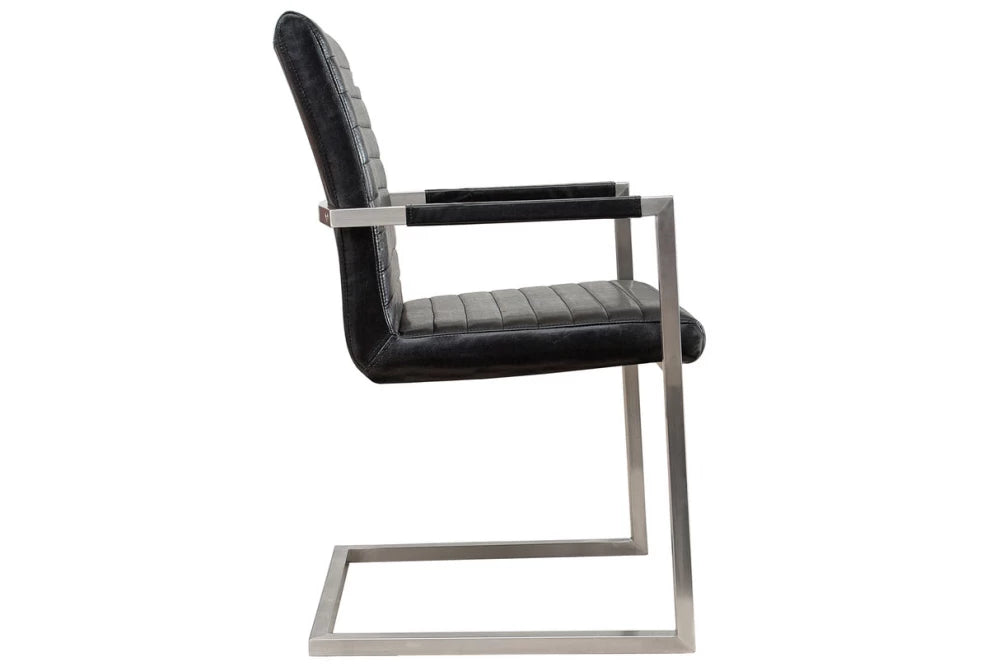 Set 2 scaune cu brate tapitat cu Piele artificiala Negru si picioare din Otel inoxidabil Argintiu H91xL54xA55cm Loft