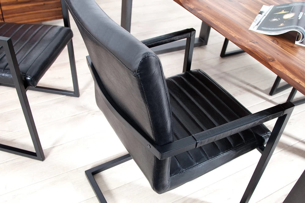 Set 2 scaune cu brate tapitat cu Piele artificiala Negru si picioare din Otel inoxidabil Negru H91xL54xA55cm Loft