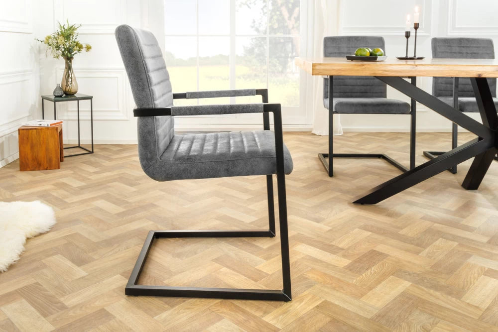 Set 2 scaune cu brate tapitat cu Microfibra Gri si picioare din Metal Negru H91xL54xA55cm Loft