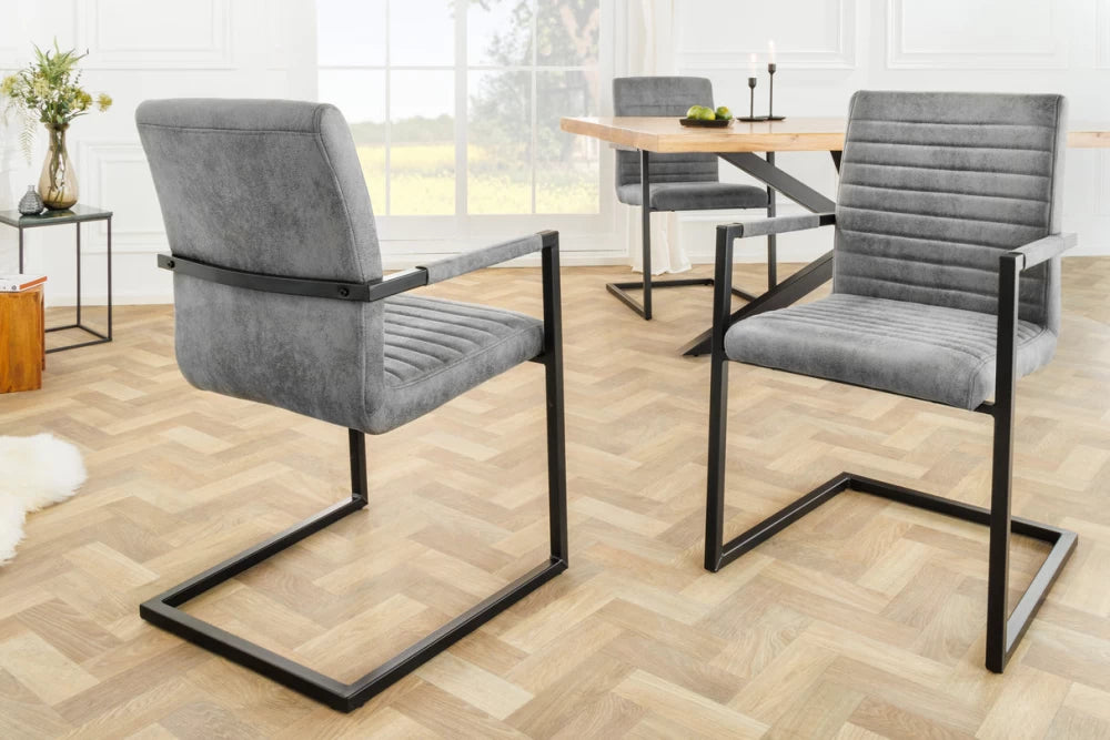Set 2 scaune cu brate tapitat cu Microfibra Gri si picioare din Metal Negru H91xL54xA55cm Loft