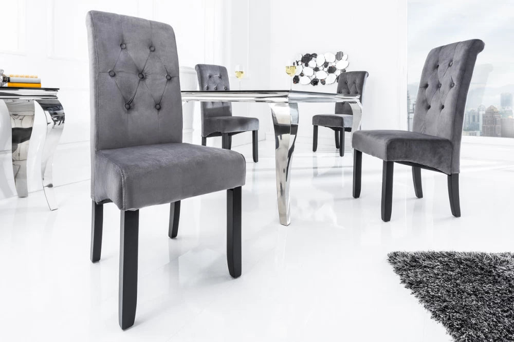 Set 2 scaune tapitat cu Catifea Gri si picioare din Lemn Negru H108xL48xA64cm Casa