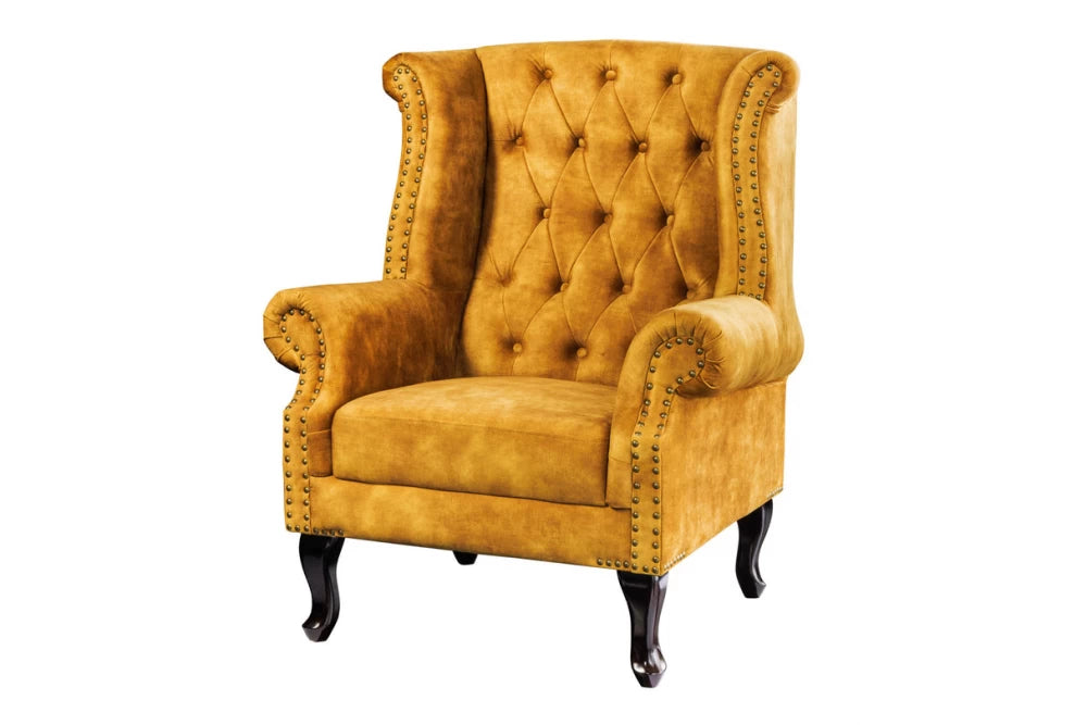 Fotoliu tapitat cu Catifea Galben si picioare din Lemn de pin Maro inchis H105xL85xA75cm Chesterfield