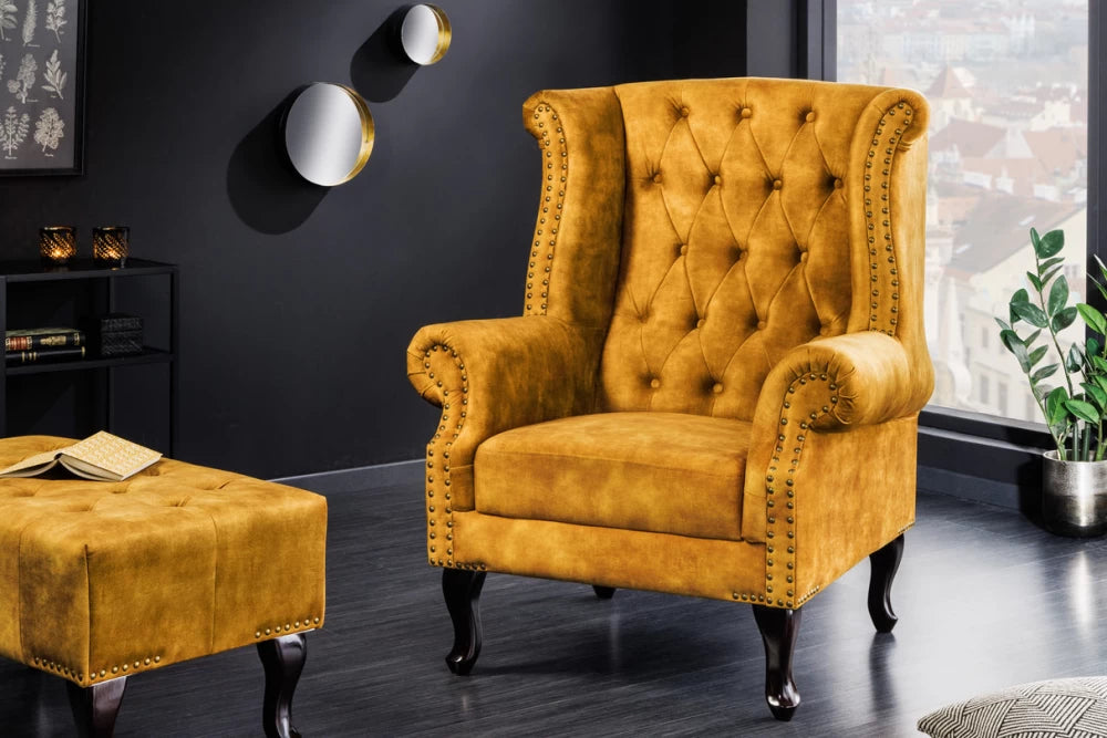 Fotoliu tapitat cu Catifea Galben si picioare din Lemn de pin Maro inchis H105xL85xA75cm Chesterfield