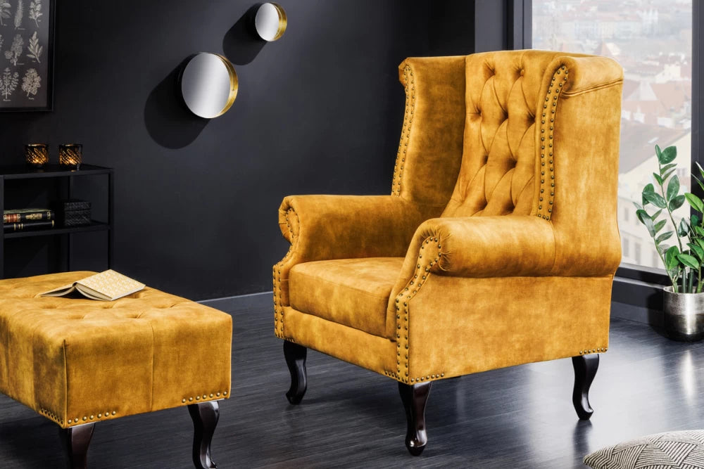 Fotoliu tapitat cu Catifea Galben si picioare din Lemn de pin Maro inchis H105xL85xA75cm Chesterfield