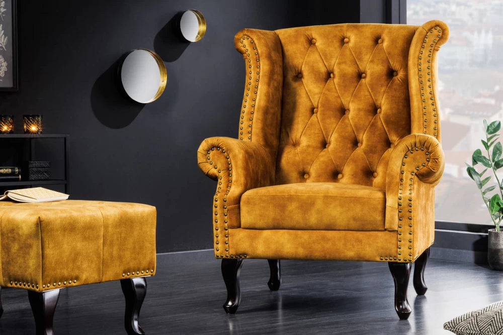 Fotoliu tapitat cu Catifea Galben si picioare din Lemn de pin Maro inchis H105xL85xA75cm Chesterfield