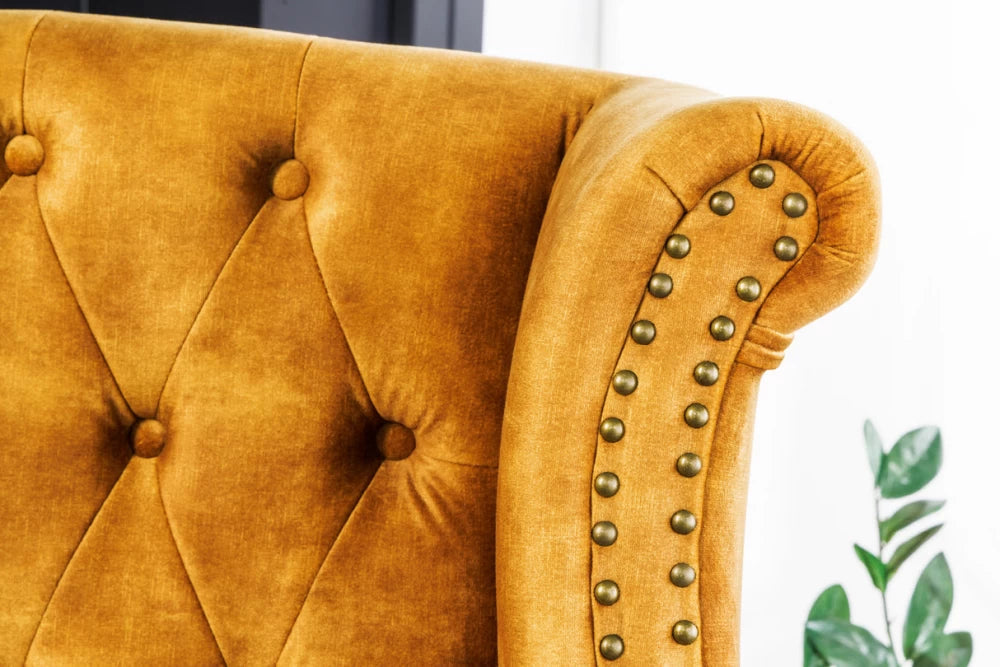 Fotoliu tapitat cu Catifea Galben si picioare din Lemn de pin Maro inchis H105xL85xA75cm Chesterfield