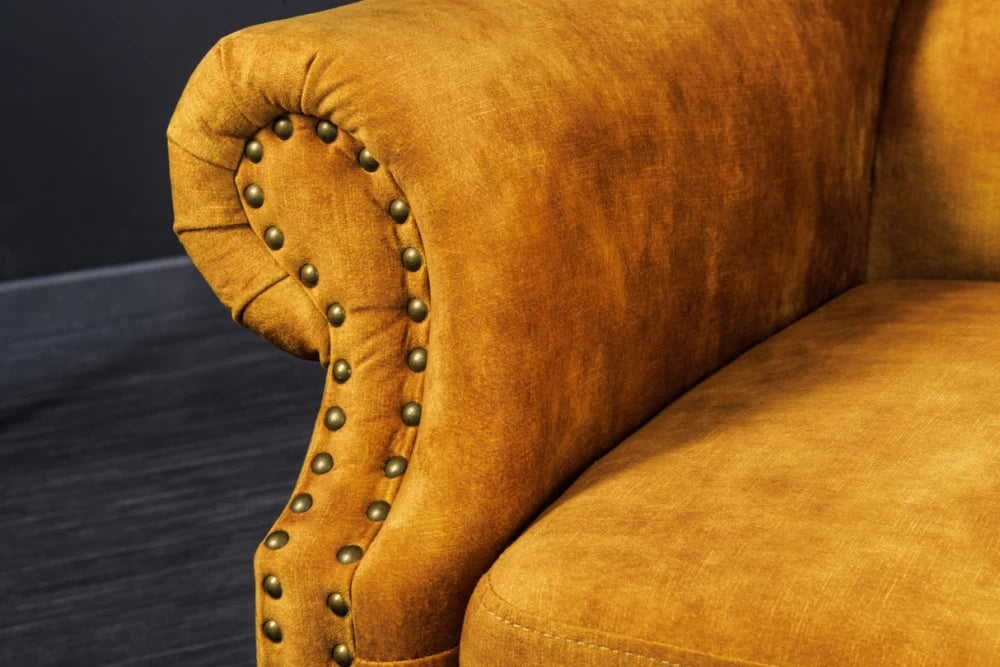 Fotoliu tapitat cu Catifea Galben si picioare din Lemn de pin Maro inchis H105xL85xA75cm Chesterfield