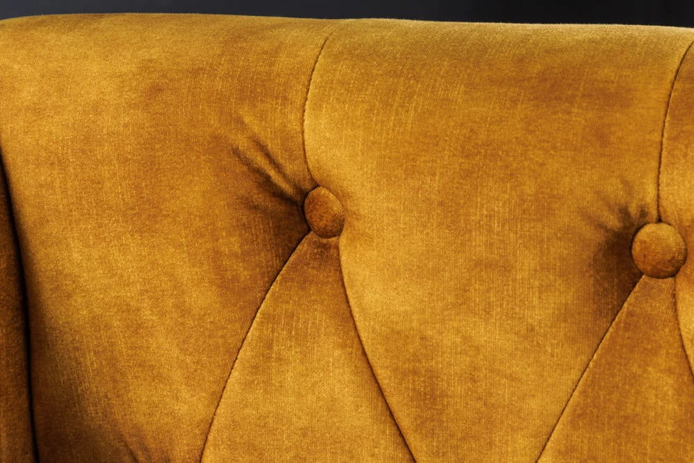 Fotoliu tapitat cu Catifea Galben si picioare din Lemn de pin Maro inchis H105xL85xA75cm Chesterfield