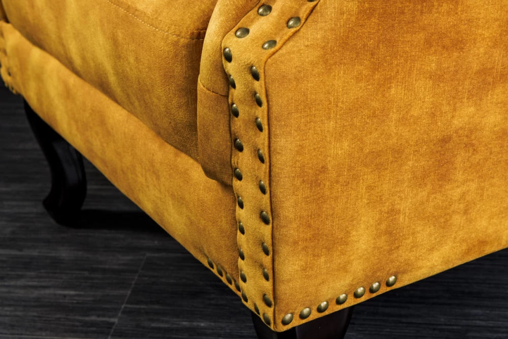 Fotoliu tapitat cu Catifea Galben si picioare din Lemn de pin Maro inchis H105xL85xA75cm Chesterfield