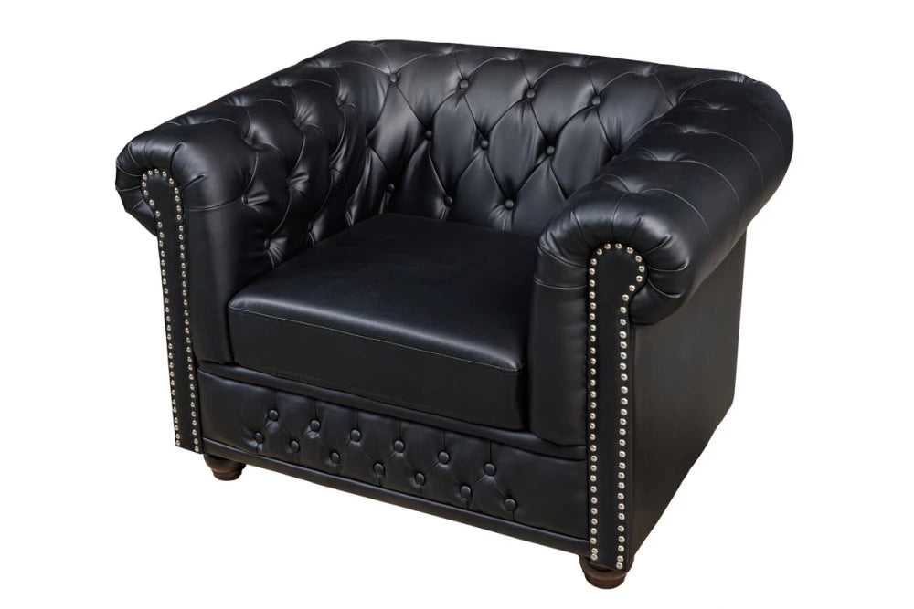 Fotoliu tapitat cu Piele artificiala Negru si picioare din Lemn de pin Maro inchis H73xL110xA85cm Chesterfield