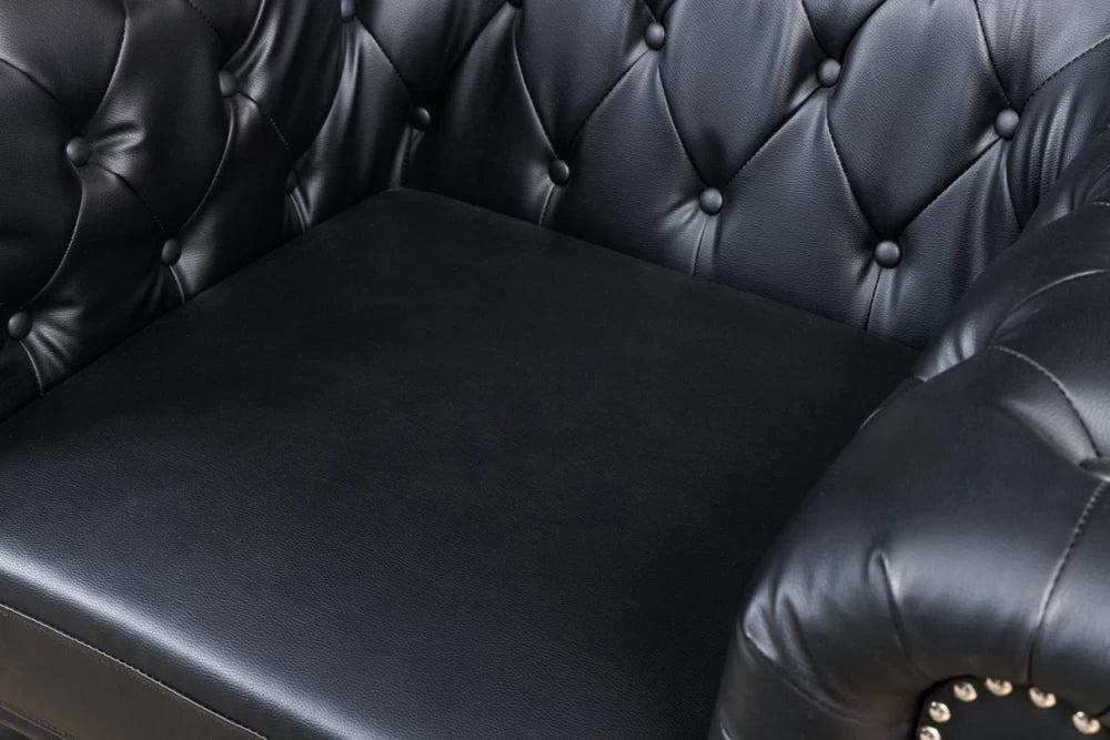 Fotoliu tapitat cu Piele artificiala Negru si picioare din Lemn de pin Maro inchis H73xL110xA85cm Chesterfield