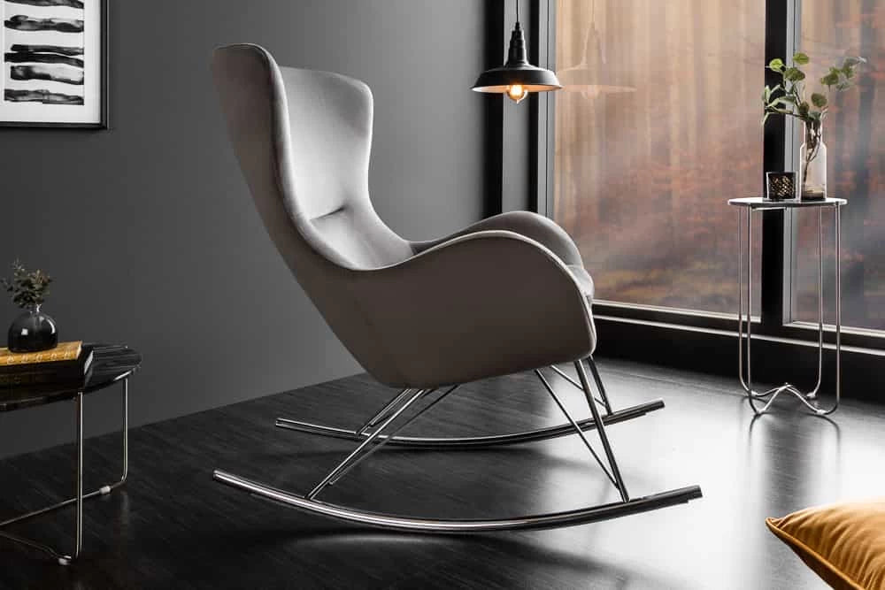Balansoar tapitat cu Catifea Gri si picioare din Metal Argintiu H99xL77xA115cm Scandinavia swing