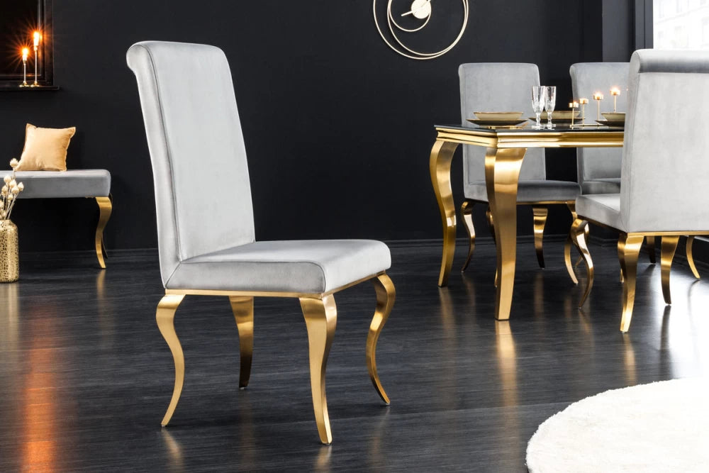 Set 2 scaune tapitat cu Catifea Gri si picioare din Otel inoxidabil Auriu H104xL45xA64cm Modern barock
